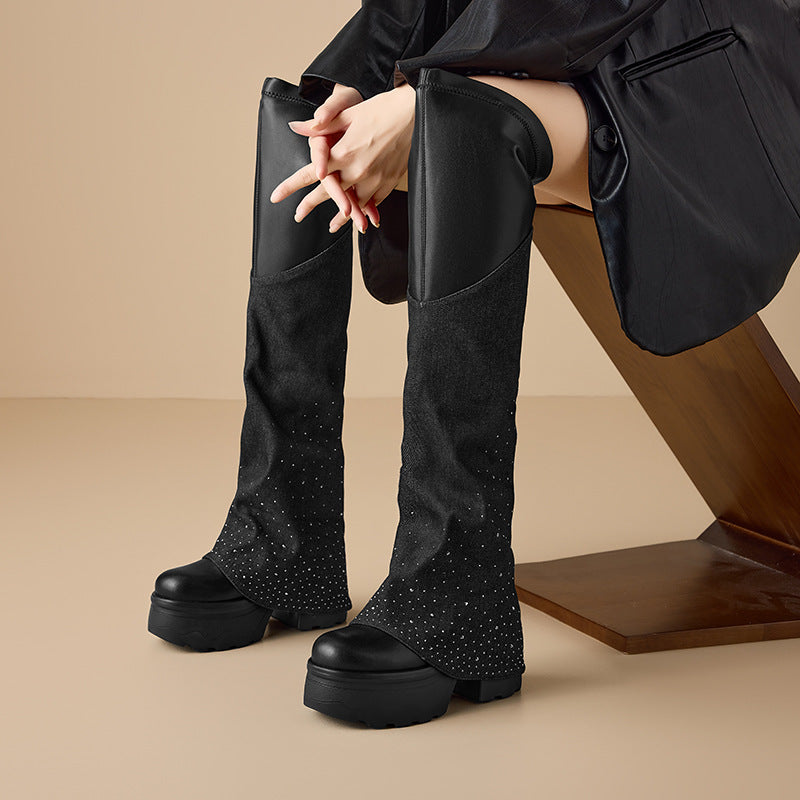 Women's Thick Bottom Height Increasing Fashionable Round Toe Stretch Denim Women's Leather Boots