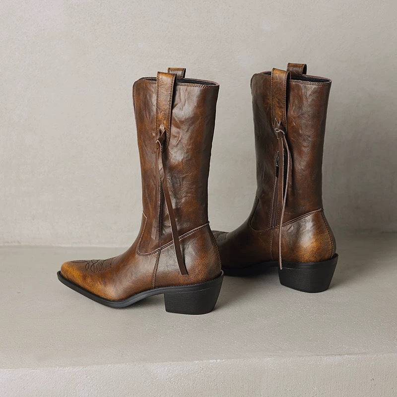 Nara Temperament Pointed Toe Chunky Retro Knee-high Boots