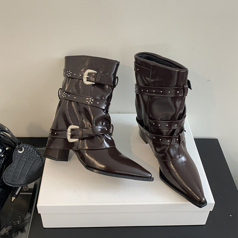 Toe Wedge Temperament Sleeve Rivet Belt Women's Leather Boots