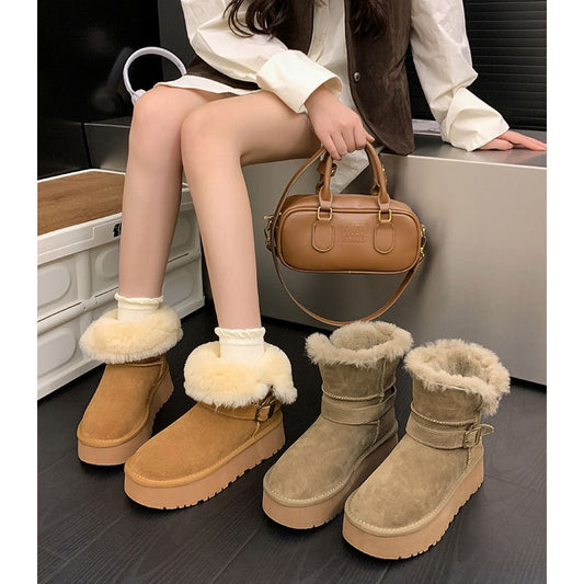Women's Fabric Cow Suede Mouth Real Wool In Insole Containing Women's Snow Boots