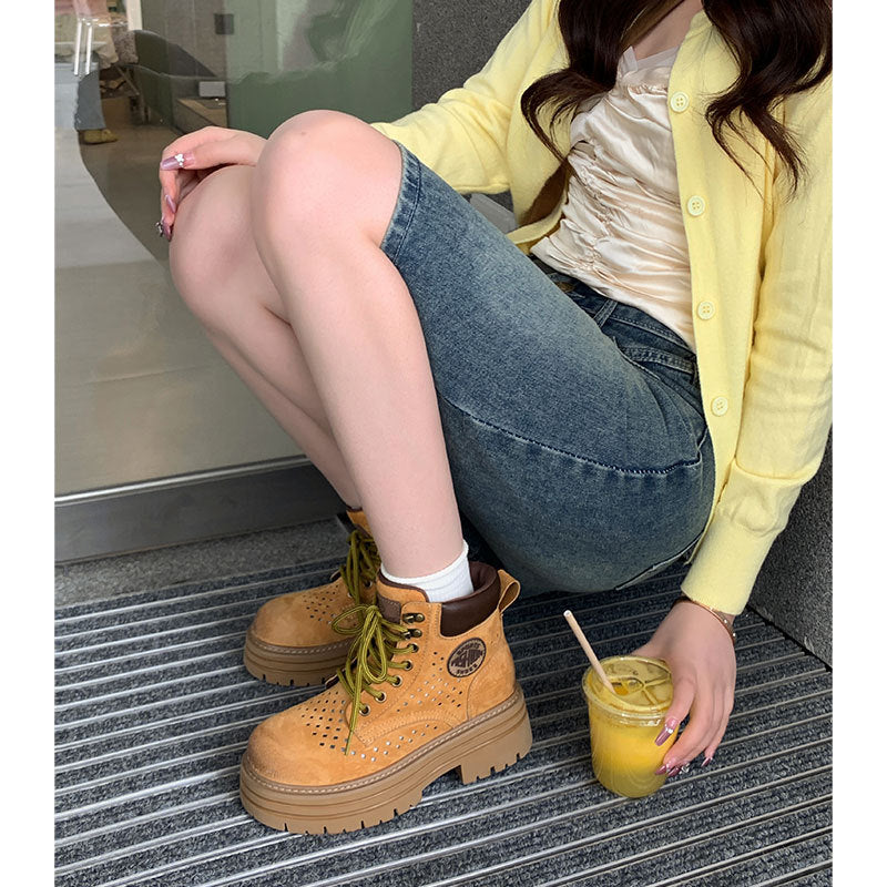 Women's Height Increasing Insole Pink Small British Style Ankle Women's Leather Boots