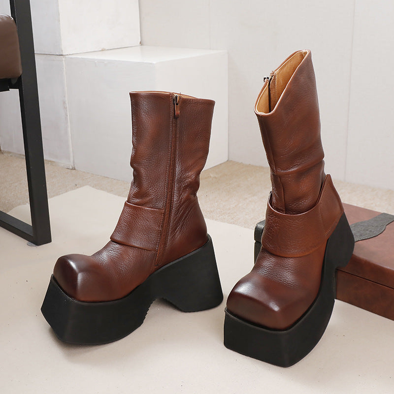 Women's Genuine Retro Handmade Small Pleated Full Light Boots
