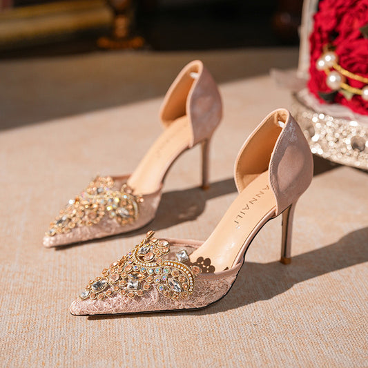 Women's Hollow Pink Bridesmaid High Stiletto Beaded Men's Shoes