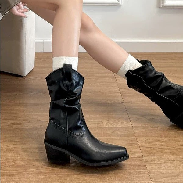 Women's Pointed Toe Chunky Booties Pile Style Western Women's Leather Boots