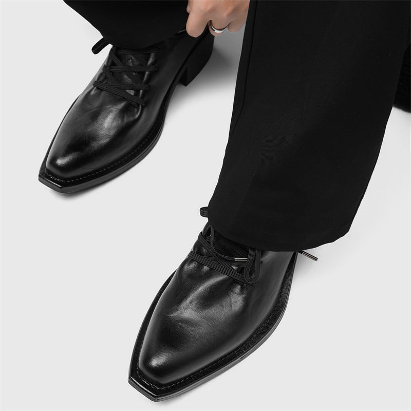Men's Niche Pointed Toe Retro Easy Matching Lace Up Chunky Ankle Men's Shoes