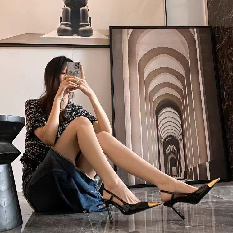 Women's Gold Black Patent Stiletto Sexy Square Toe High Heeled Sandals