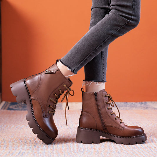 Women's Cowhide Autumn Flat Ankle Retro Round Toe Martin Boots