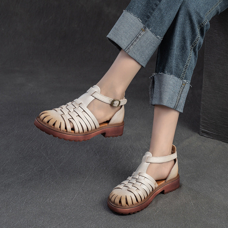 Toe Pitcher Plant Hollow Breathable Woven Retro Roman Style Top Flat Sandals