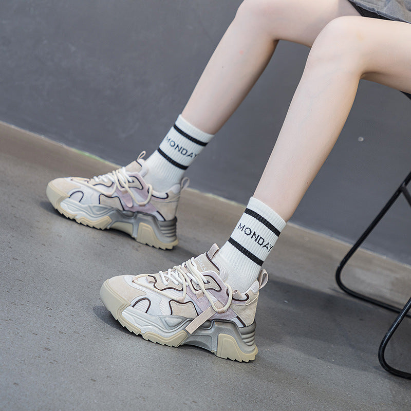 Women's Color Matching Film Bottom Mesh Breathable Clunky Autumn Thick Increased Women's Sports Shoes