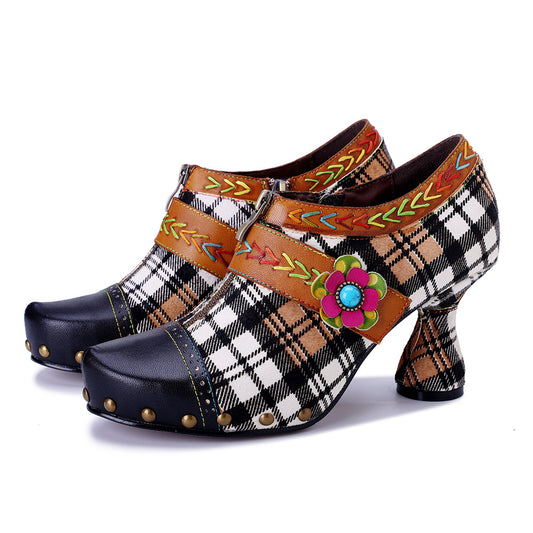 Women's Genuine Hand-rub Color Retro Plaid Printed Women's Fashion Shoes