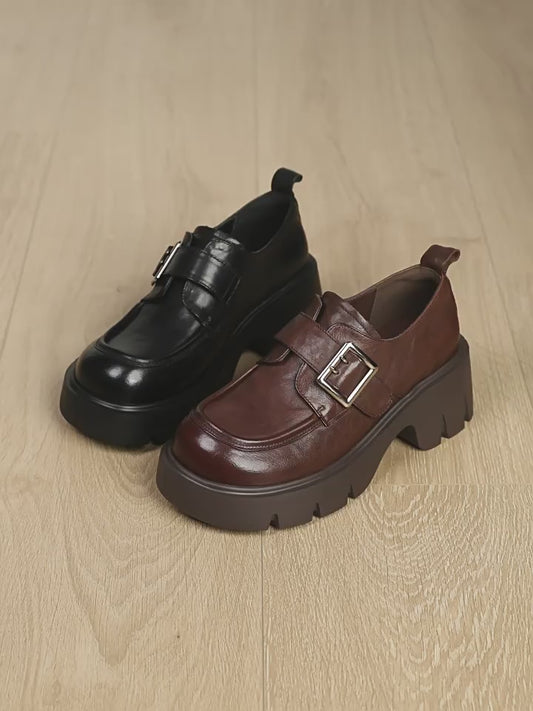 Women's British Retro Platform Spring Black Velcro Deep Mouth Belt Women's Casual Shoes