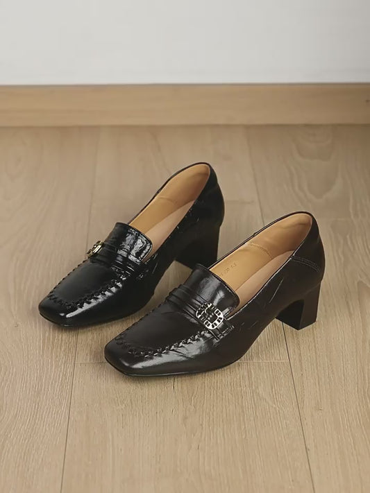 Women's Cowhide Light Luxury British Spring Comfortable Square Toe Slip-on Chunky Heels