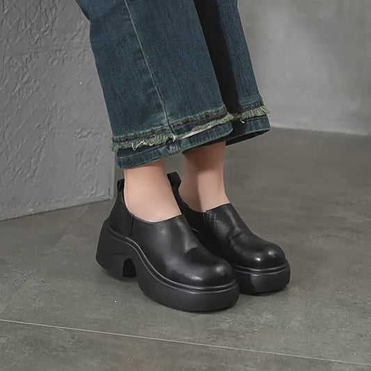 Women's Platform Genuine Pumps Deep Mouth Spring First Layer Cowhide Round Women's Fashion Shoes
