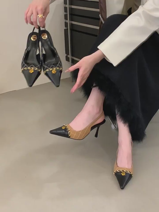 Women's Closed Toe Stitching Classic Style Stiletto Metal Chain Camellia High Heeled Sandals