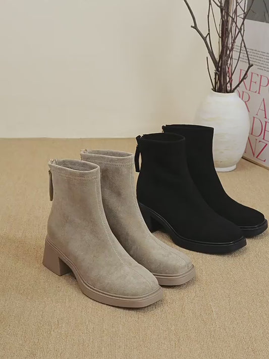 Women's Back Zipper Square Toe Thick Thin Vintage Fashion Suede High Women's Leather Boots