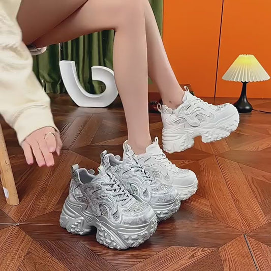 Women's Dad Spring Lightweight Fashion Rhinestone Height Increasing Women's Sports Shoes