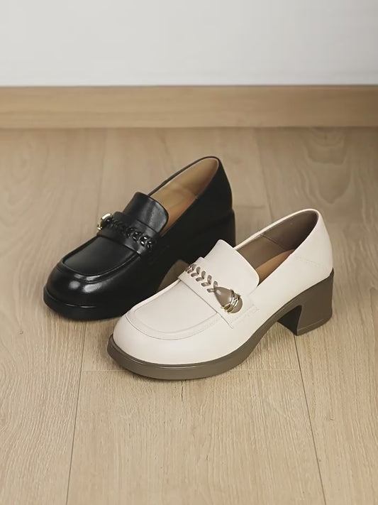 Women's Sheepskin Chunky Spring Genuine Slip-on Mid Round Loafers