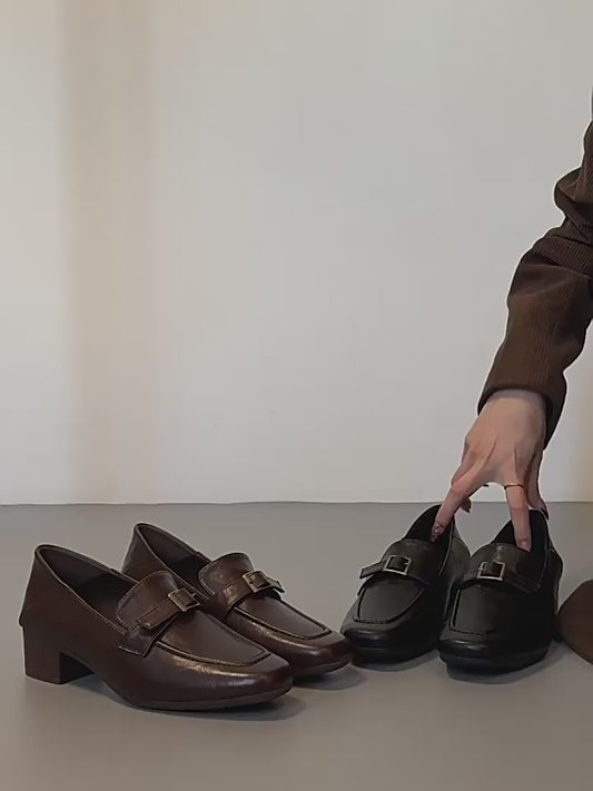 Women's Cowhide Square Toe Commuter Chunky French Pumps Loafers