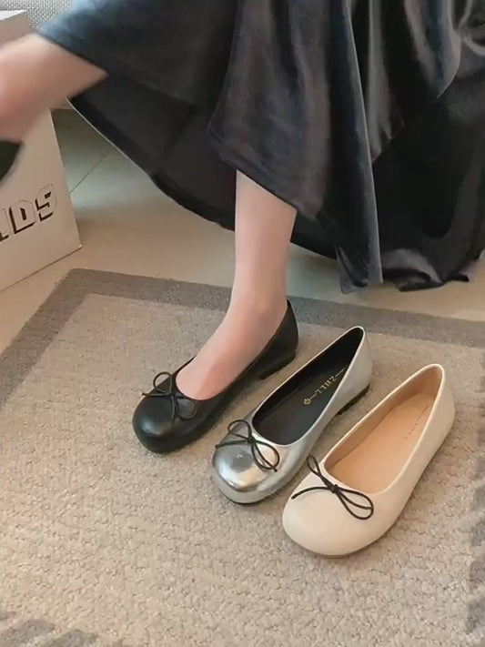 Women's French Style Low-cut Slip-on Pumps Graceful Bow Flat Widened Large Women's Fashion Shoes