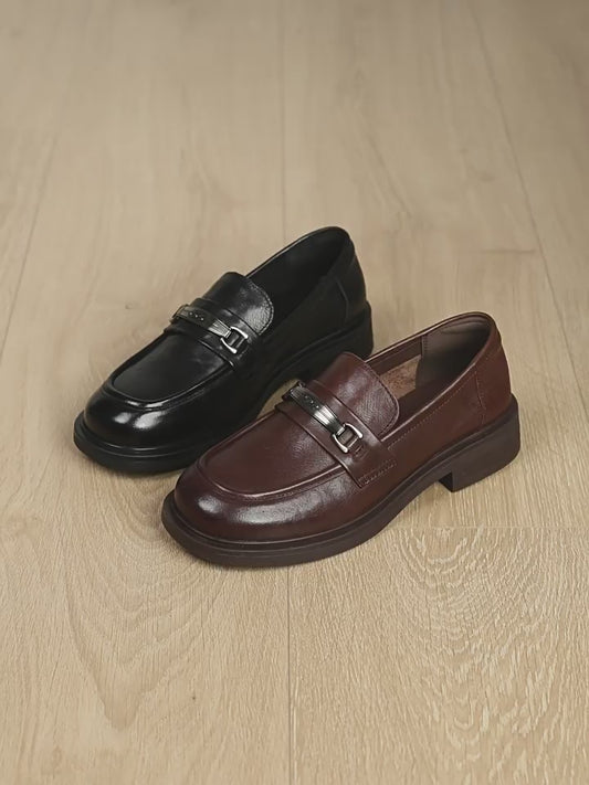 Women's Affordable Luxury Metal Buckle Slip-on Brown Thin Leather Shoes