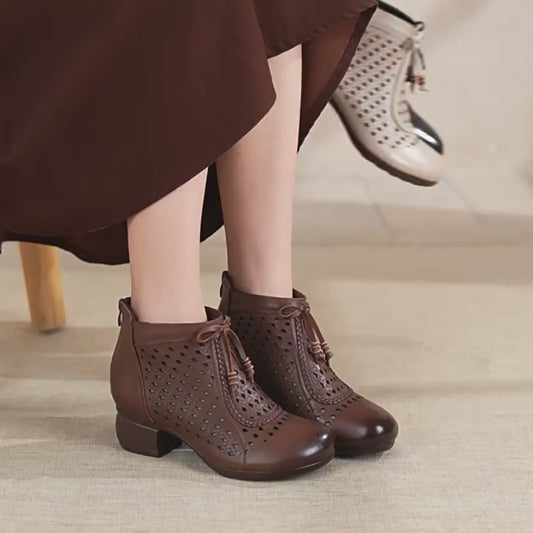 Women's Ethnic Style Martin Round Toe Genuine Hole High Heeled Sandals