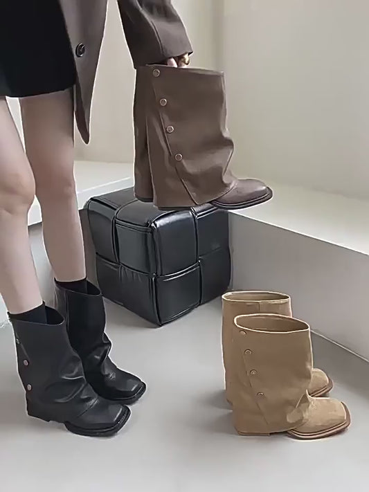 Square Toe Chunky Short Female French Retro Bootie Western Suede Women's Leather Boots