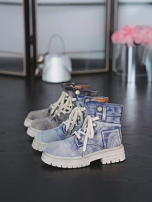 Women's Denim Martin Spring Thick Bottom Super Hot Short Retro Western Boots