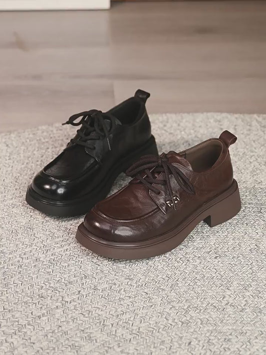 Women's Genuine First Layer Cowhide Retro British Lace Up Heels