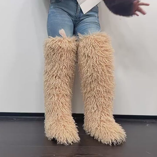 Imitated Tibet Sheep Fur Thigh Height Over Women's Snow Boots