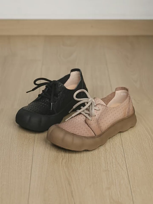 Women's Embossed Retro Lace Up Pumps Spring Comfort Flat Women's Casual Shoes
