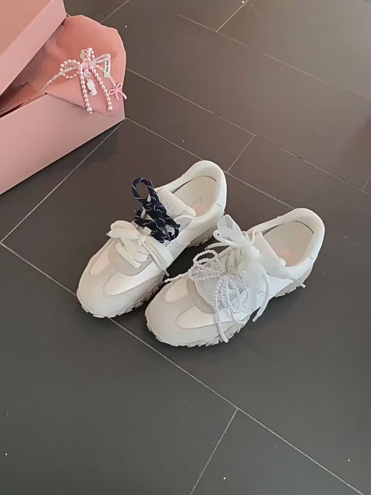 Women's Mercerized Height Increasing Insole Version Crescent Pearl Lace Breathable Women's Sports Shoes