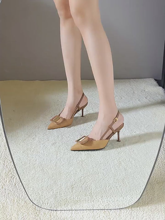 Beautiful Elegant Linen Soft Surface Pointed Stiletto Female Word Strap High Heeled Sandals