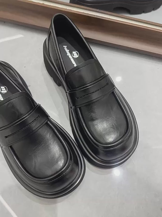 Women's Platform British Style Slip-on Pumps Height Increasing Chunky Small Low Leather Shoes