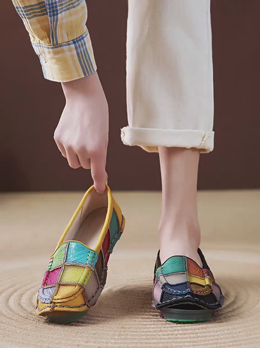 Women's Ethnic Style Spring Retro Handmade Rainbow Stitching Loafers
