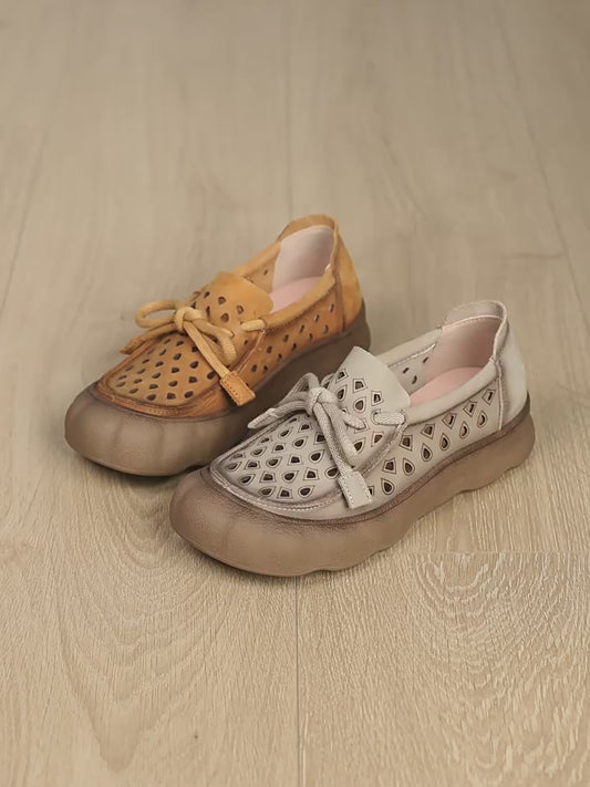 Women's First Layer Cowhide Retro Hole Hollow Breathable Women's Casual Shoes